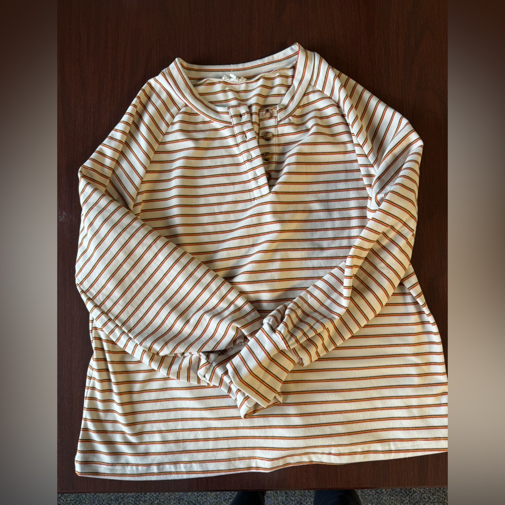 Ott Striped Long Sleeve Henley Top - Cream with Multi-colored Stripes